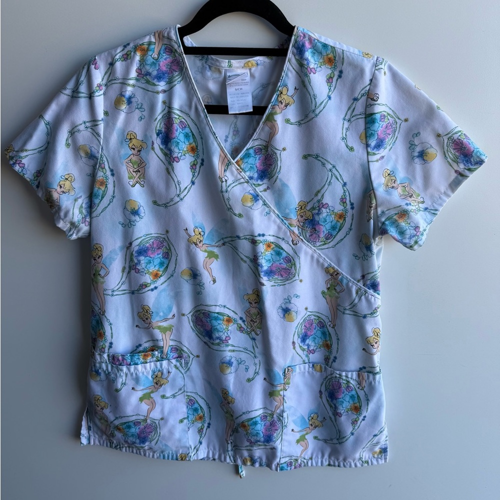 Disney Tinkerbell Scrub Top - White and Multicolor